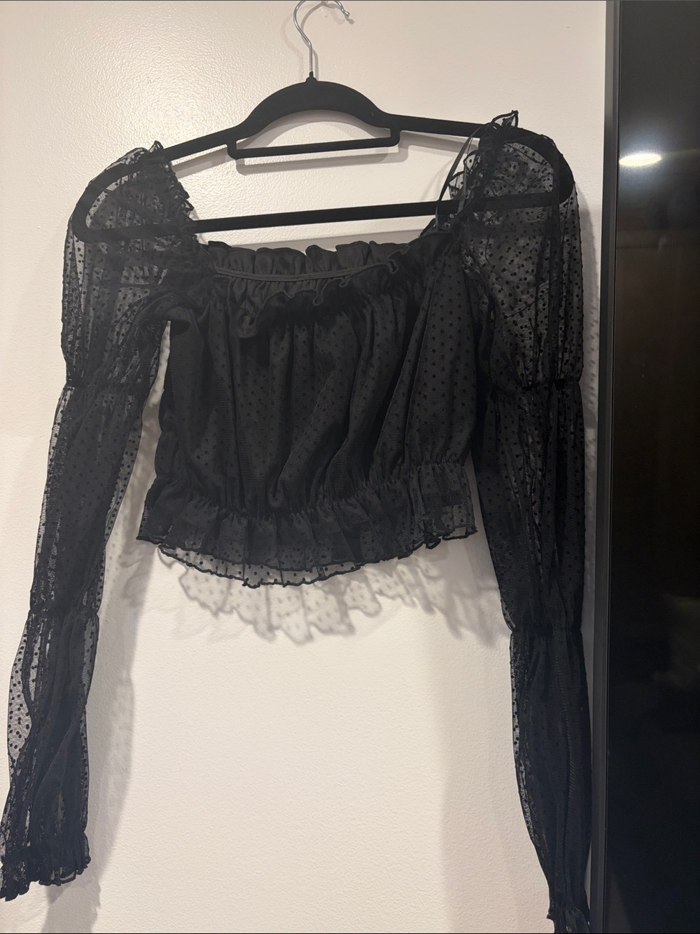 Topshop Black Sheer Swiss-Dot Puff Sleeve Crop Top